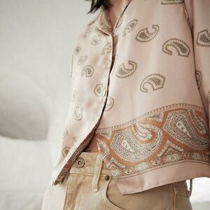 Nanushka Silk Cropped Blouse Top Shirt Paisley Button Up Beige Brown Size Small